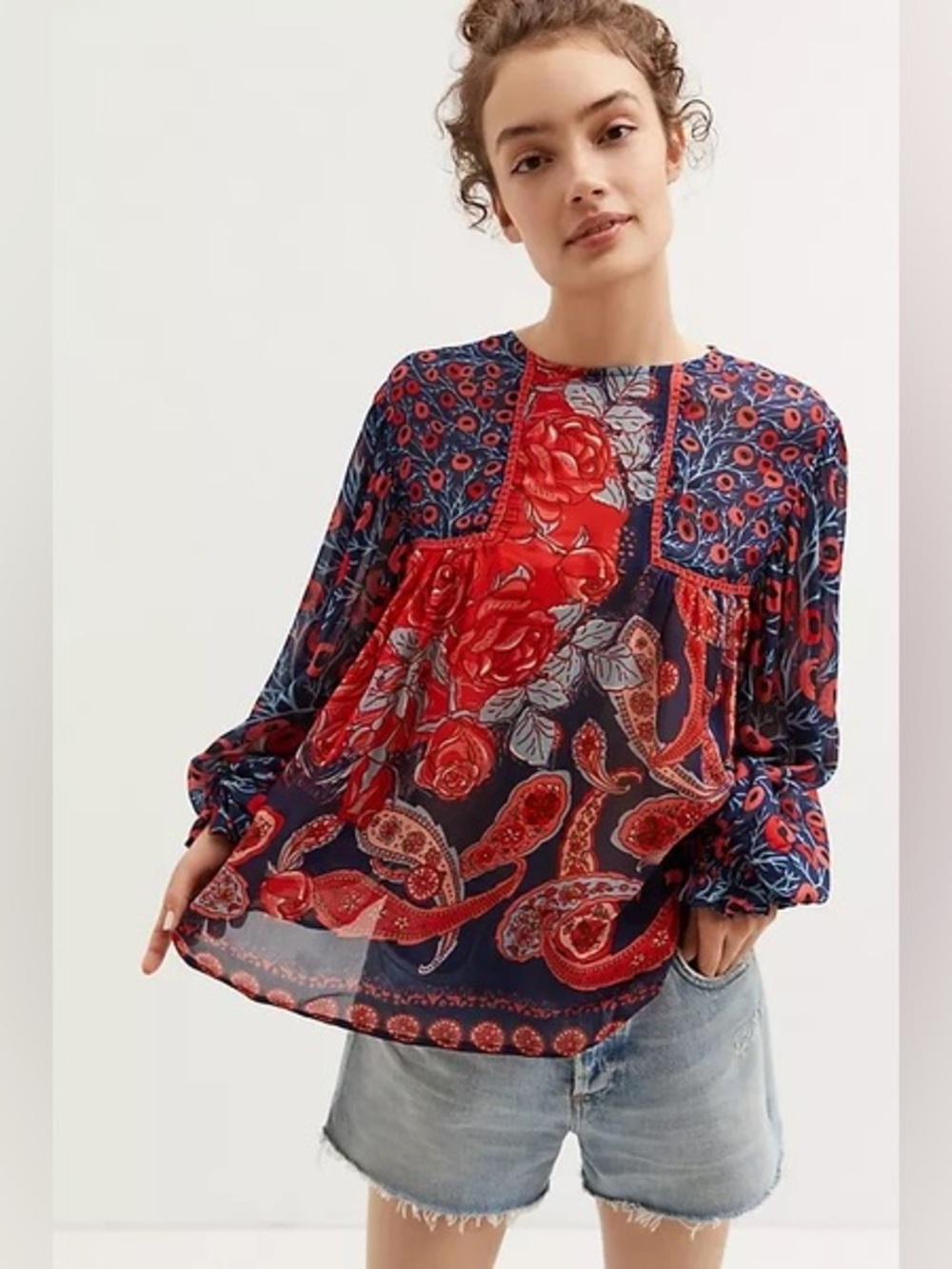 Anthropologie Bl-nk Miranda Peasant Blouse Paisley Floral Mixed Media Women’s S